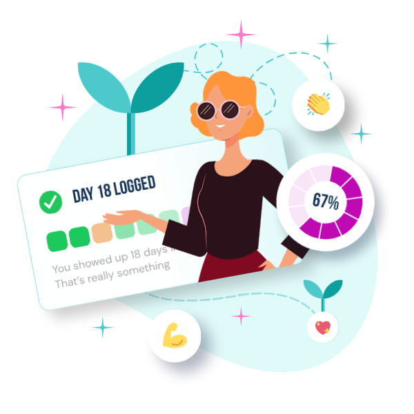 A GoYou member celebrating their progress — day 18 logged, 67% complete